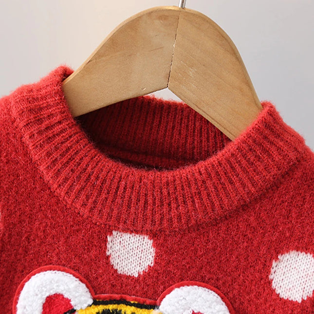 Chinese Style Element New Year Red Sweaters for Kids Girl Princess Festive Children Knitting Outwear Flocking Clothes IY12192