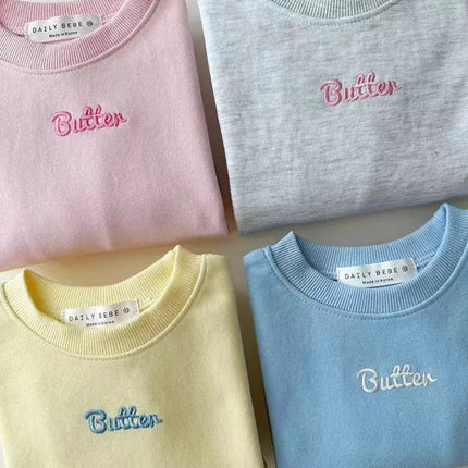 Casual Kids Tracksuit Set for Boys Girls Pure Cotton Solid Color Embroidered "Butter" Sweatshirt Pants Spring Autumn Wear