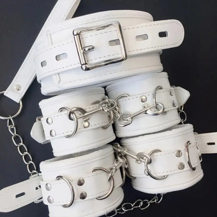 PU Leather Soft Padded White Handcuffs Ankle Cuffs Wrist Bondage Restraints Neck Collar BDSM Bondage Slave Erotic Adult Sex Toys