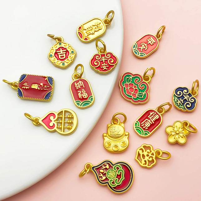 10/15pcs Antique & Sand-Gold Alloy Pendants for Wealth, Prosperity, and Good Fortune. DIY Chinese-style Charms for Bracelets