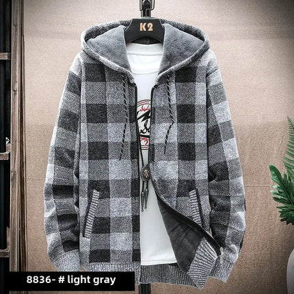2023 Autumn/winter Fleece-lined Trendy Color Block Versatile Hooded Men's Cardigan Youth Outerwear Knitted Top For Men