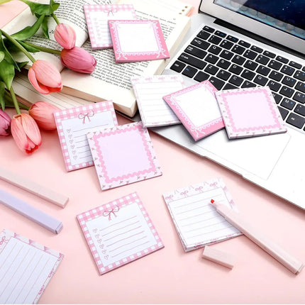 1pc Pink Bow Sticky Notes，Ins Style Self-Adhesive Tear-Off Notepad To Do List Stickers，Office School Memo Pad Reward Gift