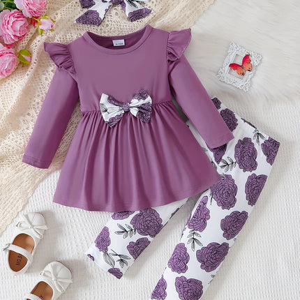 0-3 Years Baby Girl 3PCS Clothes Set Purple Short Sleeved Top+Floral Pants+Headband Fashion Toddler Girl Summer Daily Outfits