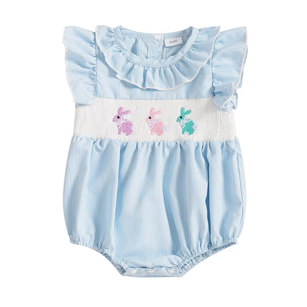 My First Easter Baby Girl Outfit Infant Plaid Bubble Romper Easter Bunny Embroidery Jumpsuit Cute Spring Clothes