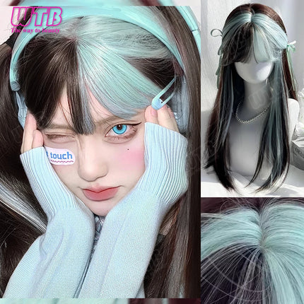 WTB Pink Highlighted Synthetic Lolita Wig for Women Long Straight with Bangs Suitable for Everyday Wear Holidays and Cosplay