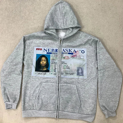 Y2K Autumn Funny ID Card Print Fashion Loose Zipper Casual Hoodie Aesthetic Long Sleeve Abstract Gothic Hip Hop Punk Streetwear