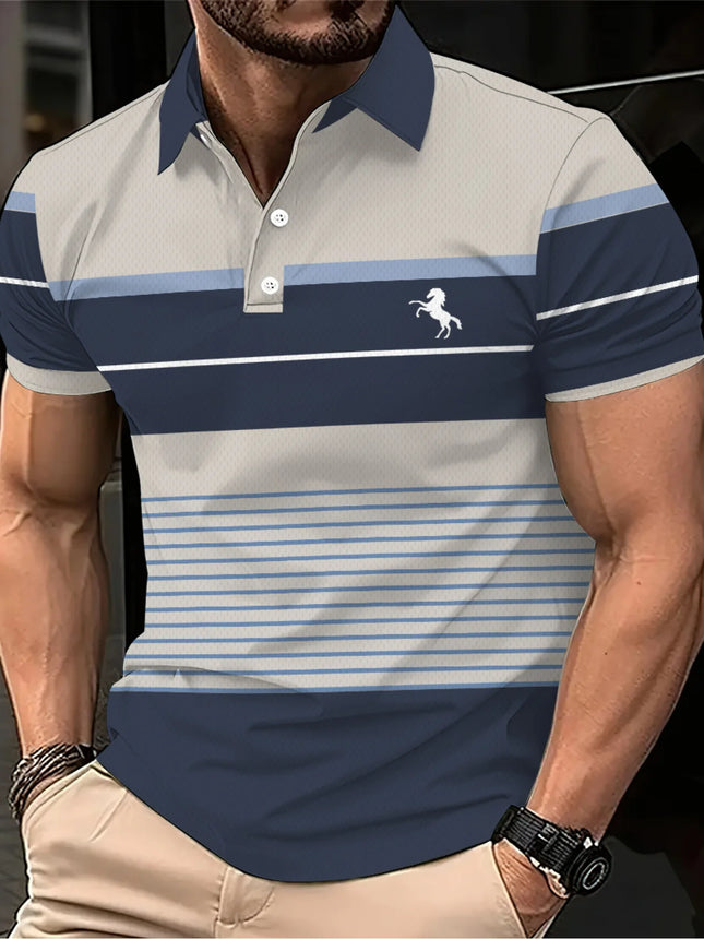 Men's Short Sleeve Casual3D Printed Golf Shirt - Black, Grey,White Stripe Pattern -Sports Style - Men's Summer Short Sleeve Polo