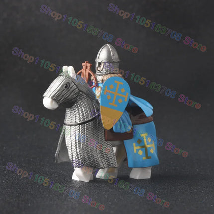 MOC Medieval Military Crusader Knight Building Blocks Castle Army Soldier Figure Horse Mount Shield Sword Accessories Bricks Toy