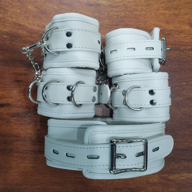 PU Leather Soft Padded White Handcuffs Ankle Cuffs Wrist Bondage Restraints Neck Collar BDSM Bondage Slave Erotic Adult Sex Toys