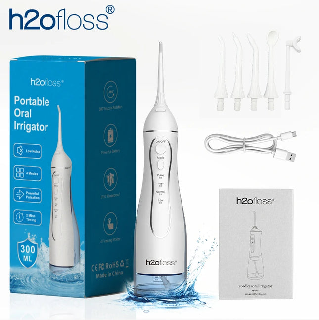 H2ofloss Water Flosser 300ml Oral Irrigator 140PSI with Gravity Ball Design 5 Modes 5 Tips USB Rechargeable for Teeth Cleaning