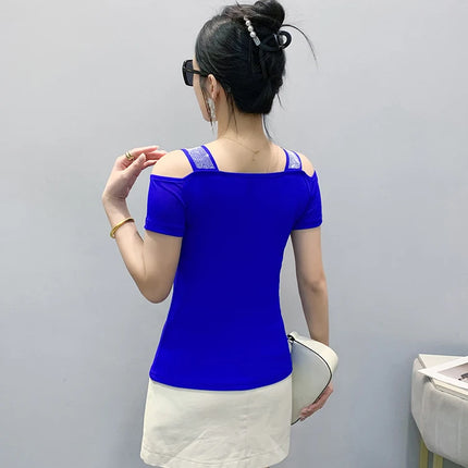 Summer Streetwear Fashion Women's T-shirt Luxury Design Butterfly Hot Diamonds Tee Sexy Off Shoulder Girls Tops European Clothes