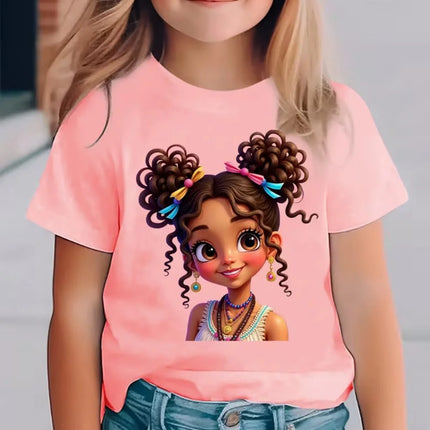 Girls' Summer Crew-Neck Short-Sleeved Top New Black Girls Cute Top Girls Clothes Cartoon Print T-Shirt Top Children's Clothing