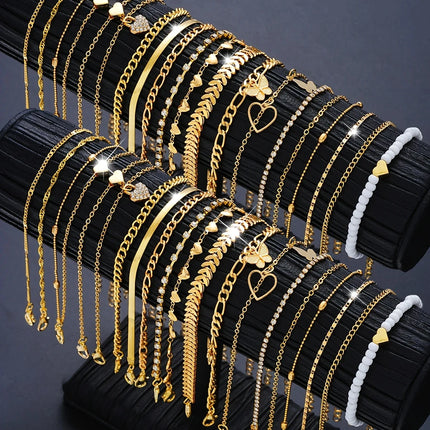 40-Piece Set/20-Piece Set/7-Piece Set Elegant Daily Vacation Metal Material Women's Gold Anklet Set Heart Butterfly Pendant Seaside Vacation Daily Party Wear Fashion Jewelry Popular Accessories