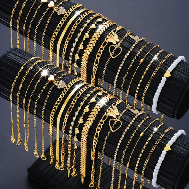40-Piece Set/20-Piece Set/7-Piece Set Elegant Daily Vacation Metal Material Women's Gold Anklet Set Heart Butterfly Pendant Seaside Vacation Daily Party Wear Fashion Jewelry Popular Accessories