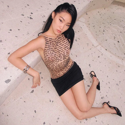 Fashion Trendy Round Collar Sleeveless Tank Mesh Sexy Article Print Slim Casual Top Women Hipster Wear