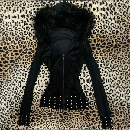 Goth Aesthetic Women Hoodie Harajuku Retro Y2K Emo Girl Fur Collar Cardigan Sweatshirt Rock Punk Hip Hop Casual Loose Streetwear