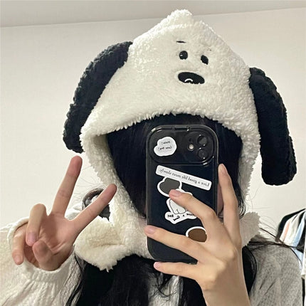 Snoopy Kawaii Plush Hat Women Girls Winter Autumn Headgear Peripheral Cute Creative Plush Scarf Fashion Wool Ear Hat Scarf Gift