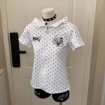 Japanese Vintage Rabbit Ears Hoodie Long Sleeve Polka Dot Print Y2k Retro Slim Zipper Patchwork Sweatshirt Women Sweet Cartoon