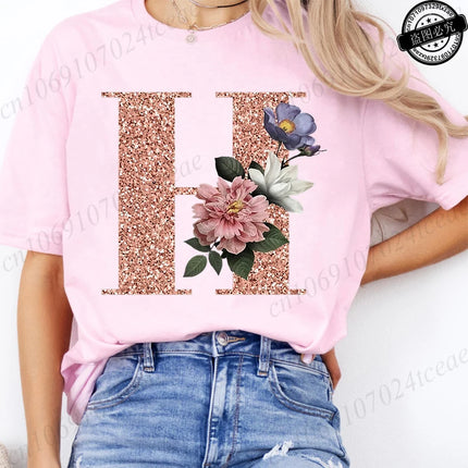 T Shirt for Women Clothing Summer Short Sleeve Tee shirts Rose Gold Letter A~Z Printed Graphic Tops Female T-Shirts Clothing