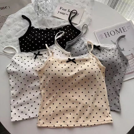 Women Summer Sweet Polka Dot Lace Edge Tank Tops Bow New Inner Layer Bottom Shirt With Bra Pad Slim Backless Sexy Basic Crop Top