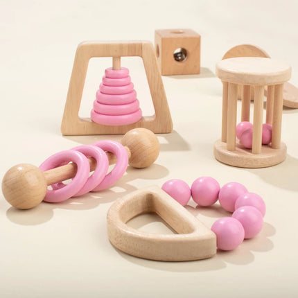 Montessori Wooden Toys Colorful Baby Rattle Set Safe Food Grade Wood Rattle Soother Bracelet  Set Toddler Toy Bell Gift