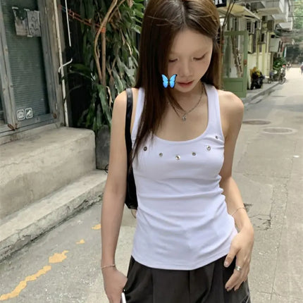 White Hollow out Work Letter Strap Vest Women Summer Design Unique American Spicy Slim Fit Svel Top Outerwear