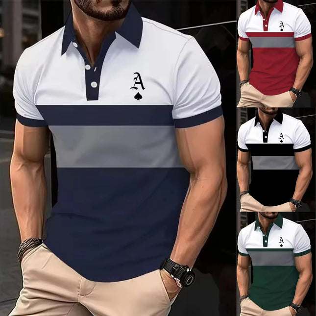 3D Printed Color Striped Polo Shirt for Men with Spade A Pattern Short Sleeved Summer New Style Lapel Top
