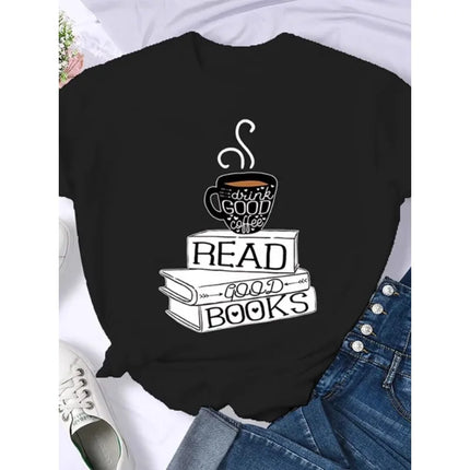 Coffee Books Brown books American retro T-shirt woman round neck half sleeve T-shirt printed T-shirt top woman oversized