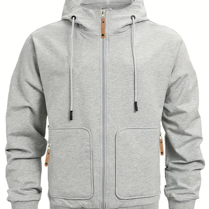 Men Full Zip Hooded Jacket Waffle Grid Texture Solid Color Zipper Pocket Long Sleeve Casual Outdoor Sweatshirt Coat