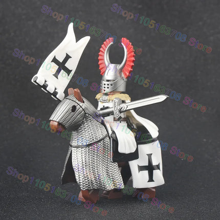 MOC Medieval Military Crusader Knight Building Blocks Castle Army Soldier Figure Horse Mount Shield Sword Accessories Bricks Toy