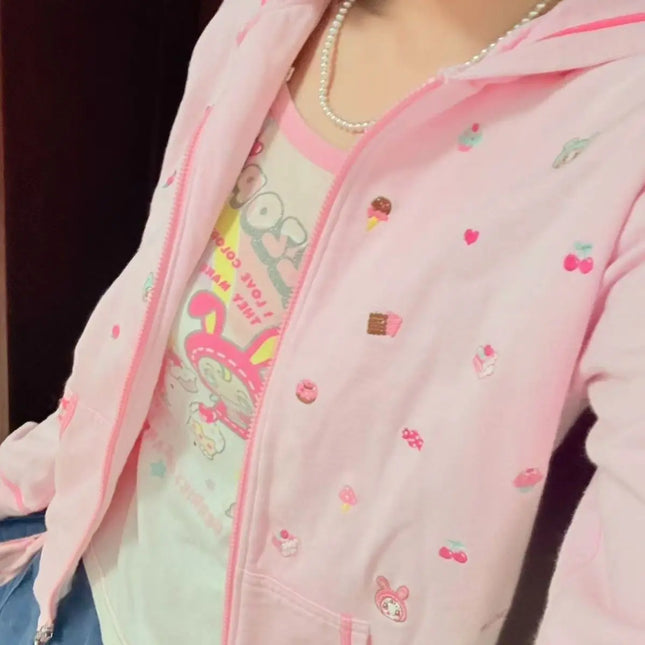 Japanese Cartoon Mp Embroidery Cute Daughter Clothing Jojifuku All Match Pink Long Sleeves Zip Up Hoodie Sweet Girl Y2k Top
