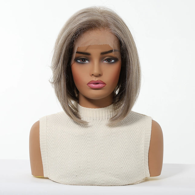 Topshe 13x6 HD Lace Frontal Bob Wig Ash Gray Pre-Plucked Natural Hairline Hand-Woven Undetectable Realistic Synthetic Wigs
