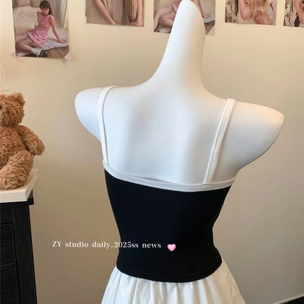 Korean Sweet Spicy Sleeveless Print Vest Women Summer Short Fit Inner Wear Strap Design Commute Top Casual Daily Girl