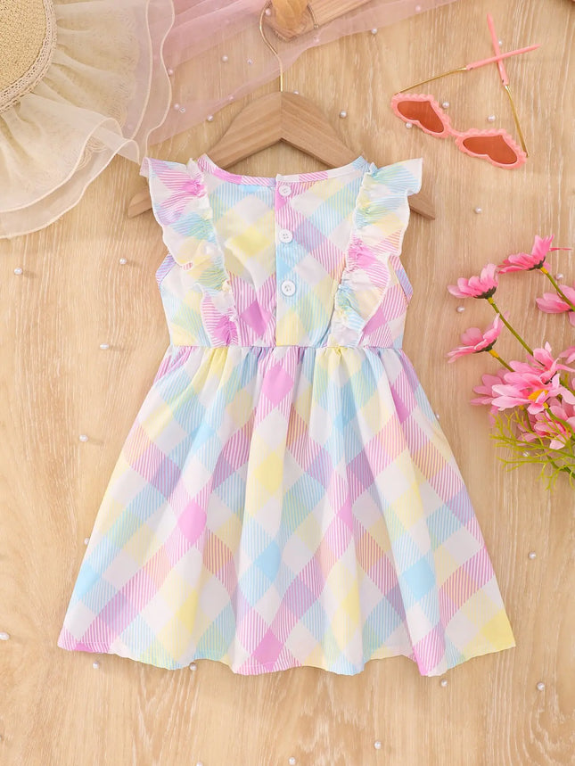 Summer Flying Sleeveless Pink Blue Plaid Full Print Dress Version Slim And Simple For Baby Girls Outdoor Travel Holiday Dress