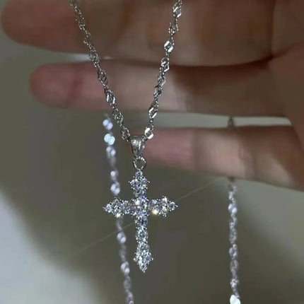 Silver Color Zircon Cross Pendant Necklace for Women Shiny Rhinestone Collar Necklaces 2025 Trend Christmas Jewelry
