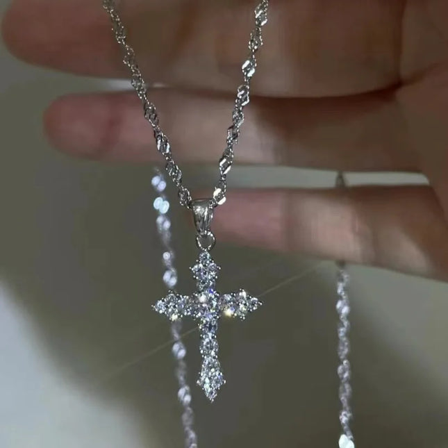 Silver Color Zircon Cross Pendant Necklace for Women Shiny Rhinestone Collar Necklaces 2025 Trend Christmas Jewelry