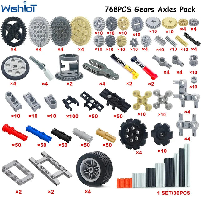 768PCS Technical Parts Building Kit with Gears Axles Wheels for MOC Car Robot Models STEM Toys