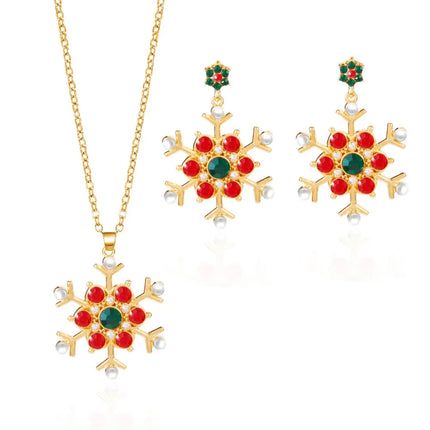 Luxury Zinc Alloy Christmas Jewelry Set Colorful Rhinestone Xmas Dangle Earrings Pendant Snowflake Necklace Women