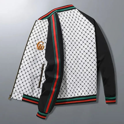 Men's Geometric Print Bomber Jacket Contrast Stripe Zip Up Varsity Baseball Coat