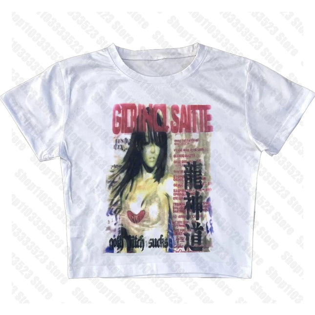 Y2k Style Fashion T-shirts Summer Gothic Slim 2000s Vintage Graphic T-shirts Punk Women Short Sleeve Sexy Streetwear T-shirts