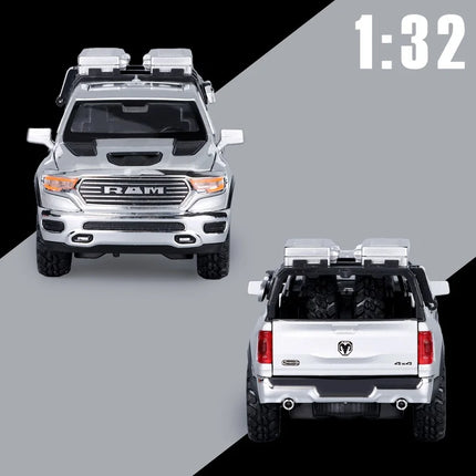 1/32 Dodge RAM 1500 Pickup Toy Car Miniature Diecast Metal Off Road Vehicle Model Pull Back Sound Light Collection Gift Boy