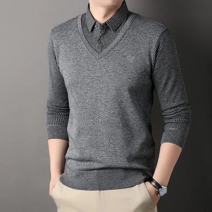 Autumn and Winter New Collection with Fleece Fake Two Piece Long Sleeved Polo Shirt for Men Fashionable and Casual Versatile Top