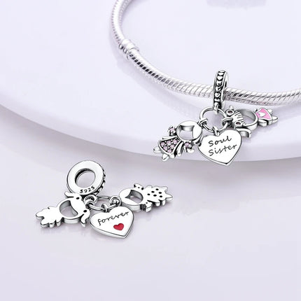 Original 925 Sterling Silver Charm Beads Love Heart Family Charms Pendant Fit Bracelet Charm Women DIY Jewelry Gift