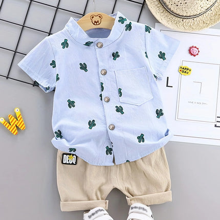 Infant and toddler summer full print cactus pattern short sleeved shorts set, outdoor standing collar shirt, fashionable two-pie