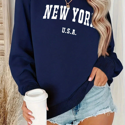 Women's Casual USA Print Pullover Sweatshirt Geometric Design Long Sleeve Round Neck Machine Washable Regular Fit for Autum