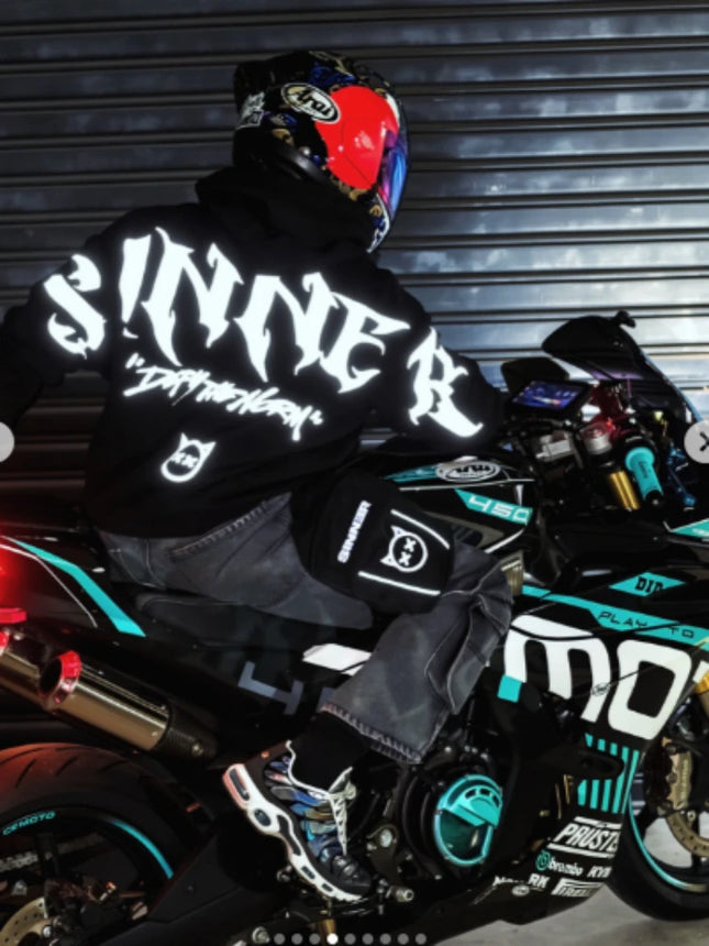 Unisex Loose Fit Pullover Hoodie Sinner Reflective Graphic Harajuku Vintage Fashion American Streetwear Mens Hooded Sweatshirt