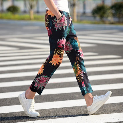 Summer New Men Thin Flower Pants 2024Teen Fashion High Street Lace-Up Ankle-Length Trousers Size 6XL-M