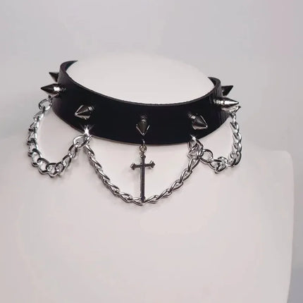 Choker with Silver Tone Cross with Punk Gorgeous Alternative Jewellery Pendant Necklace Wide Statement Charm Women Gift Harajuku