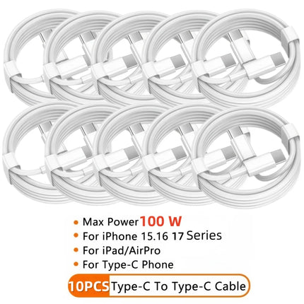 10PCS Type C to Type C Cable For IPhone 15 16 17 PD 100W Fast Charging For Samsung Xiaomi Huawei Type C Data Line White 1M