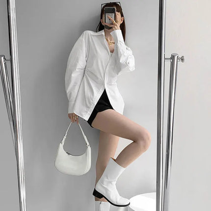 JOEVILU White Shirt Women’s Waist-defining Blouse Slim Fit Long Sleeve Tops Figure-hugging Office Shirts Korean Style Clothes